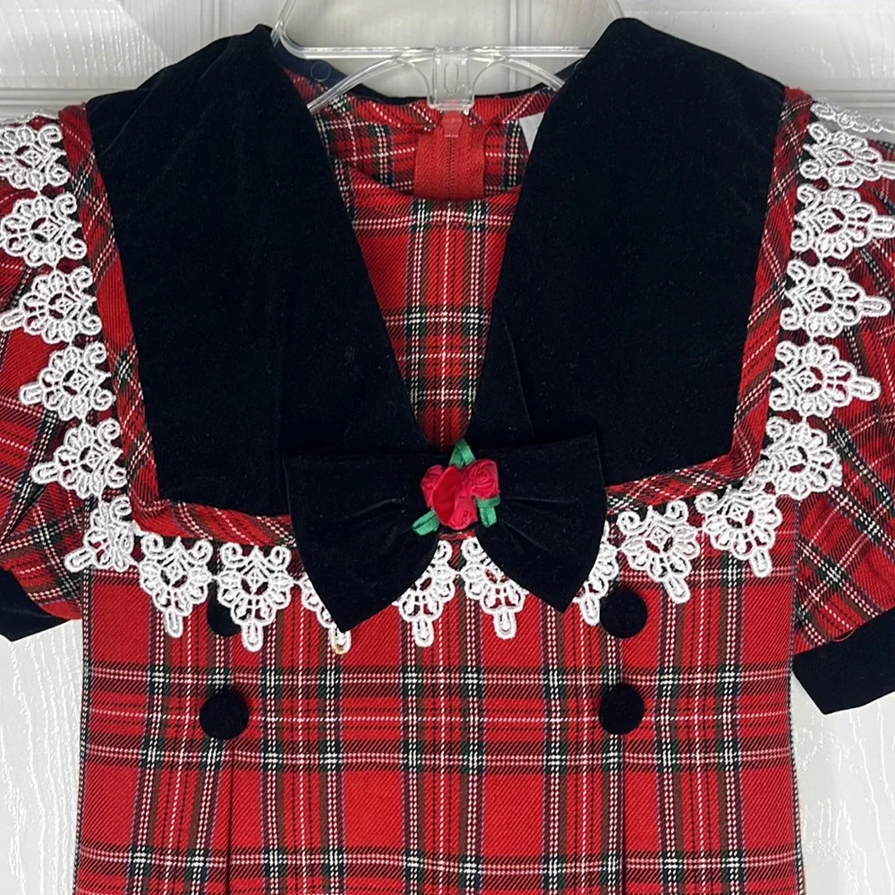RARE EDITIONS Girls Red Plaid Short Puffy Sleeve Dress Black Velvet Collar Lace